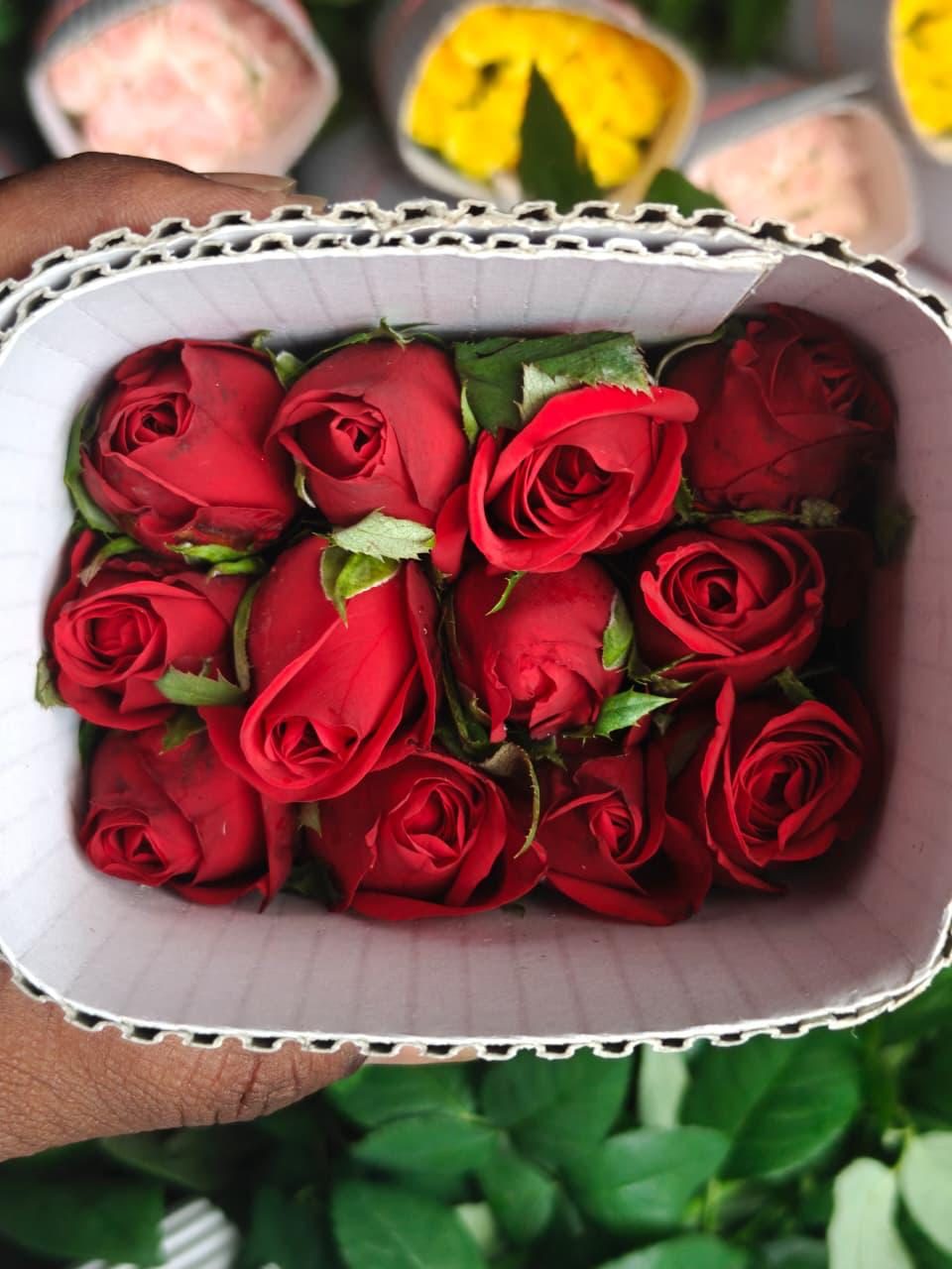 Red roses packed in a carton
